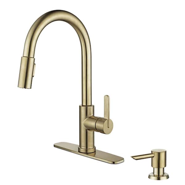 Paulina Brushed Gold 16.53 in. High 1 Handle P/Down Sprayer Kitchen Faucet with 360° Swivel Spout and Soap Dispenser