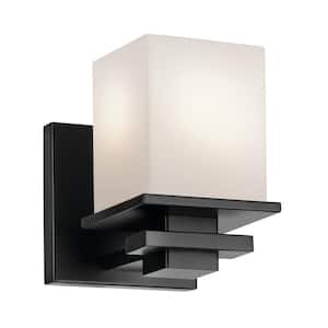 Tully 1-Light Black Bathroom Indoor Wall Sconce Light with Satin Etched Cased Opal Glass Shade