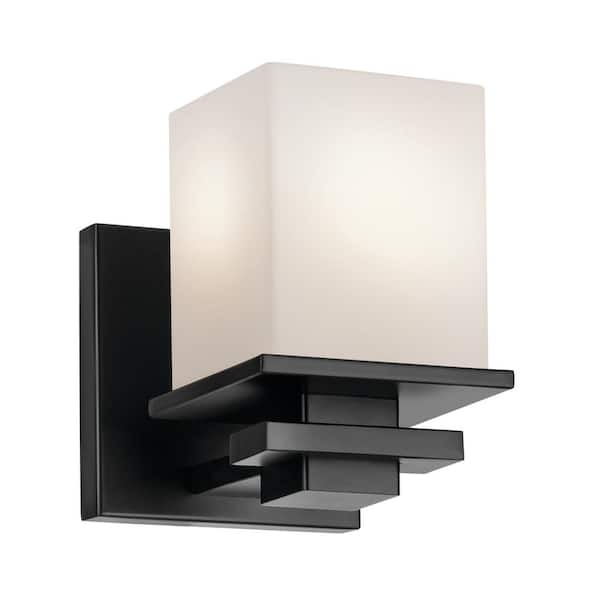 KICHLER Tully 1-Light Black Bathroom Indoor Wall Sconce Light with Satin Etched Cased Opal Glass Shade