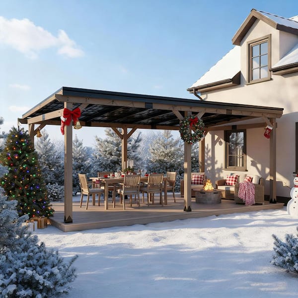 Aeroeave 12 ft. x 20 ft. Cedar Wood Frame Lean-To Gazebo with Galvanized Steel Sloped Roof, for Winter Patio Gatherings