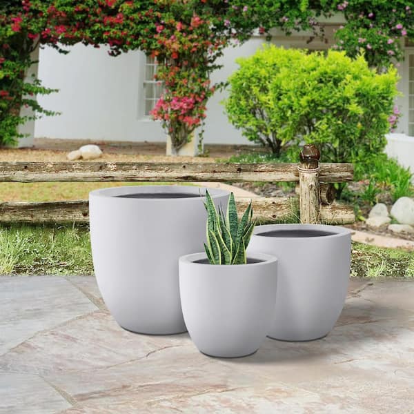 PLANTARA 20 in., 16.5 in. and in. D Round Solid White Concrete Modern planter (Set of 3), Outdoor Plant pot for - The Depot