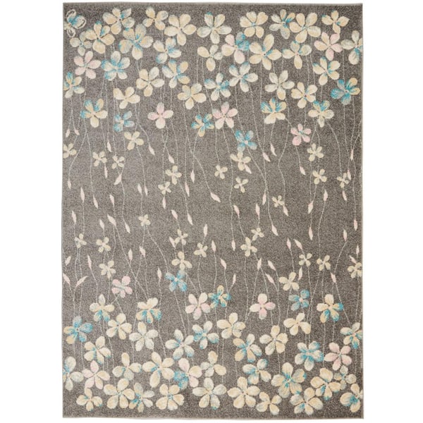 Nourison Tranquil Grey/Beige 5 ft. x 7 ft. Floral Modern Area Rug