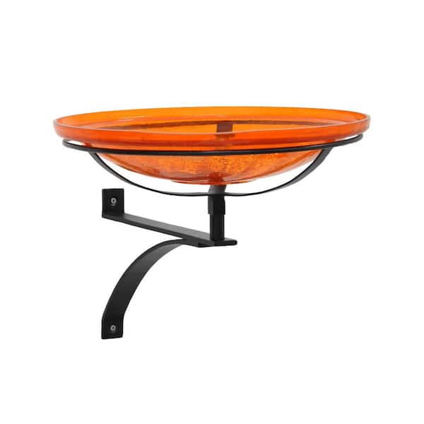 14 in. Dia. Round Mandarin Orange Crackle Glass Birdbath w/Black Wrought Iron Wall Mount Bracket