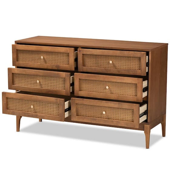 Ramiel Mid-Century Modern Ash Walnut Finished Wood and Rattan 6-Drawer Dresser | Baxton Studio