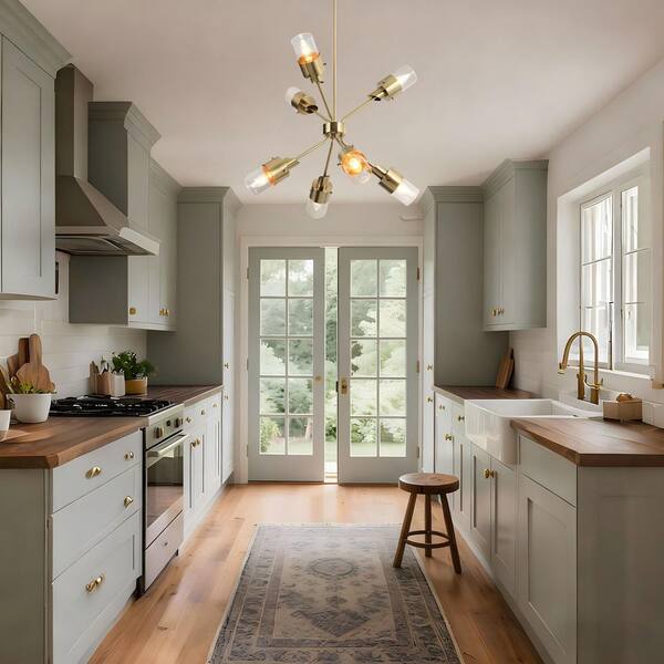 Zevni Mid-Century Modern 7-Light Plated Brass Sputnik Chandeliers