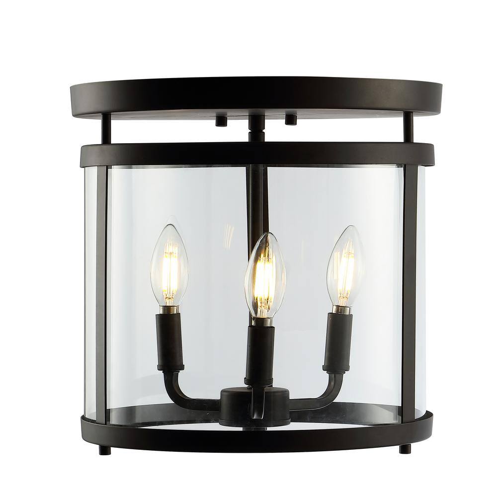 Ciel Simple Farmhouse 12.5" 3-Light Black Iron Glass Flush Mount