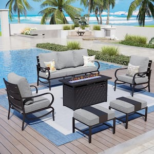 7 Seat 6-Piece Metal Outdoor Patio Conversation Set with Gray Cushions, Ottomans, Rectangular Fire Pit Table