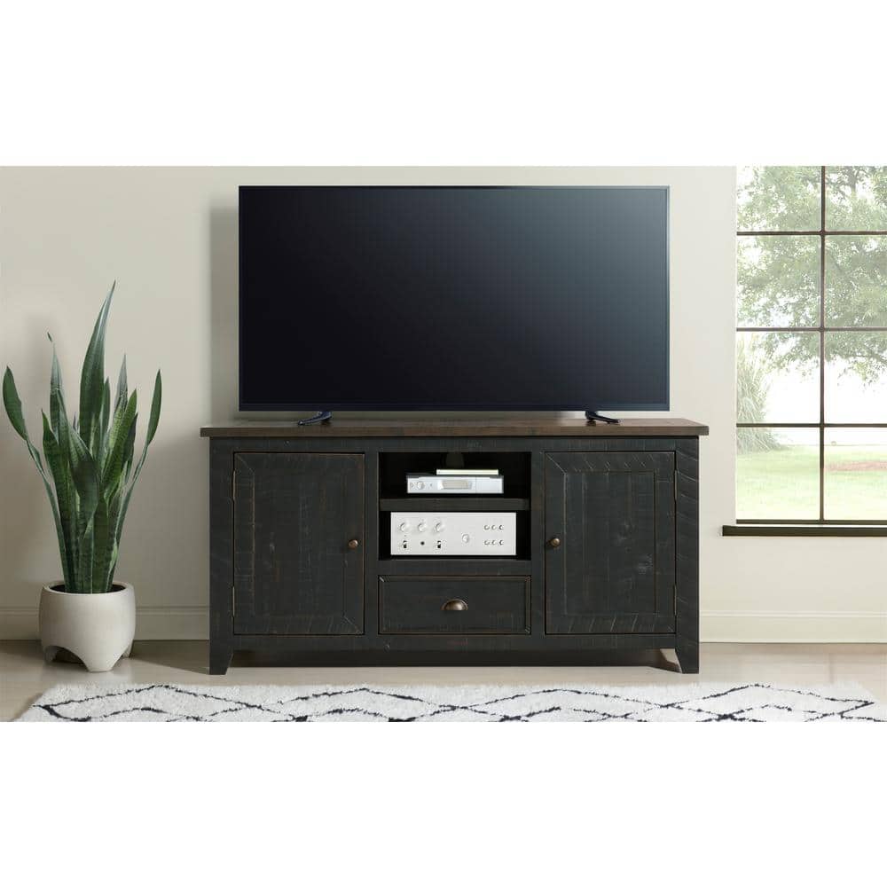 Coastal Farmhouse Black and Brown Pine TV Stand with Cabinets