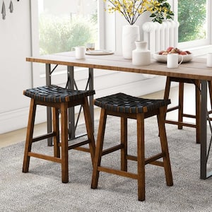 25.5 in. Black Backless Wood Bar Stool Counter Stool with Faux Leather Seat (Set of 2)
