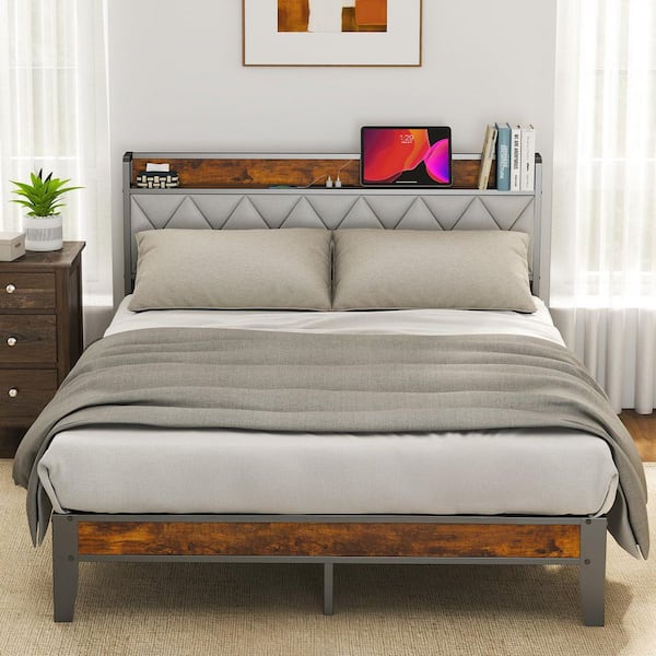 WONDER COMFORT Light Gray Metal Frame Queen Platform Bed with Charging Station and Storage Headboard, No Box Spring Needed
