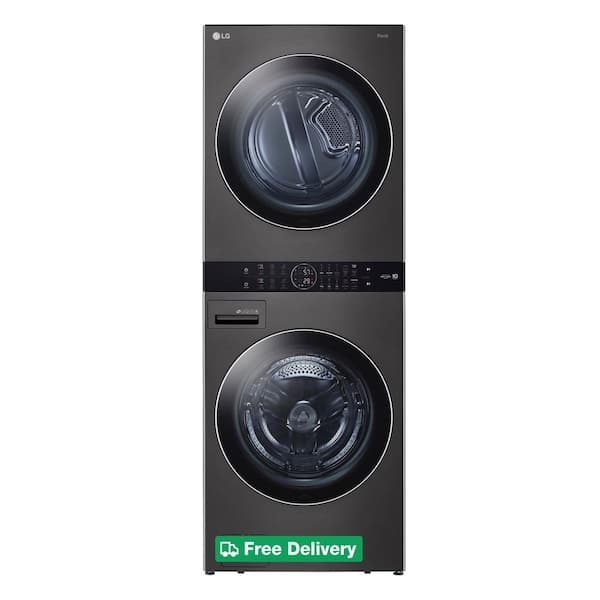 WashTower Stacked SMART Laundry Center 4.5 Cu.Ft. Front Load Washer & 7.4 Cu.Ft. Electric Dryer in Black Steel w/ Steam