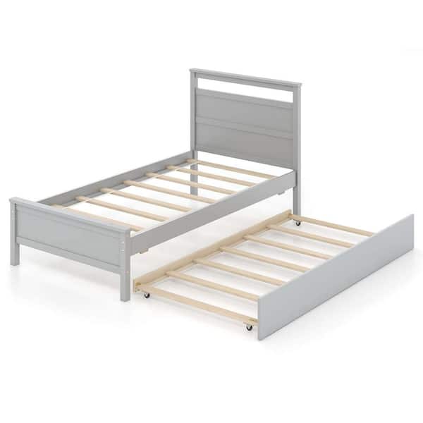 Costway Gray Wood Frame Twin Size Platform Bed with Trundle Pull-out Trundle Headboard and Footboard
