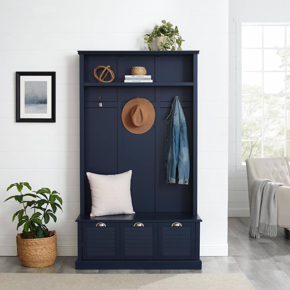 Ellison Hall Tree Navy - Crosley: Bench with Storage, Coat Hooks, Seating Area