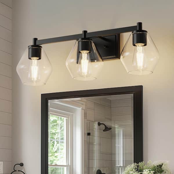YANSUN 25 in. 3-Light Black Vanity Light with Cone Clear Glass Shades for Bathroom, Mirror, Vanity Area
