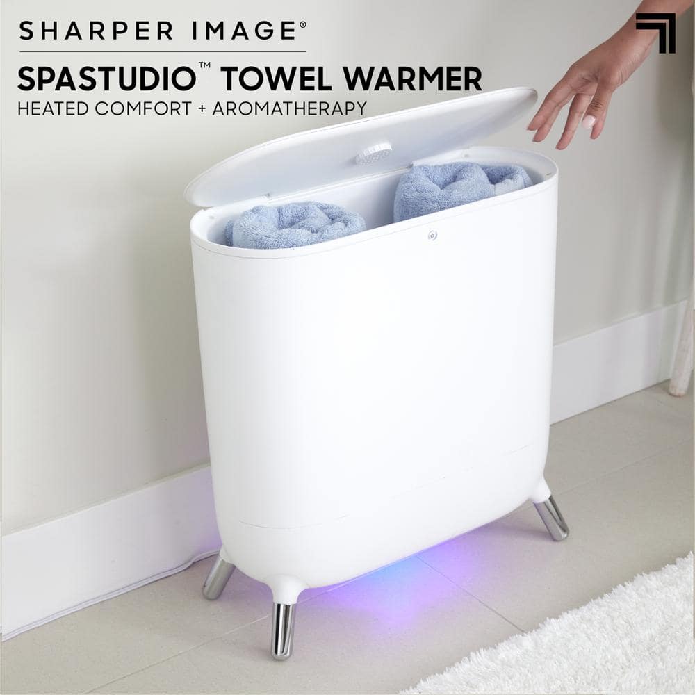 Large White and Blue SpaStudio Towel Warmer with Aromatherapy
