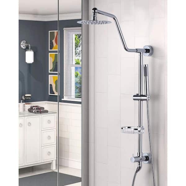1-Spray Multifunction Round Wall Bar Shower Kit with Swivel Shower Head, Hand Shower and Soap Caddy in Polished Chrome