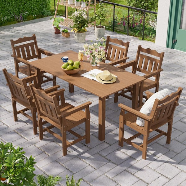7 piece patio dining set with umbrella home depot SANLUCE All-Weather 7-Piece HIPS Plastic Outdoor Dining Table and Chairs  Set with Umbrella Hole in Teak CZ-PDS-C4-TTK