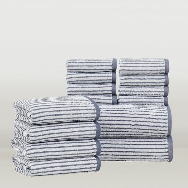 Everyday Jacquard Stripe Blue 14 Piece Cotton Towel Set