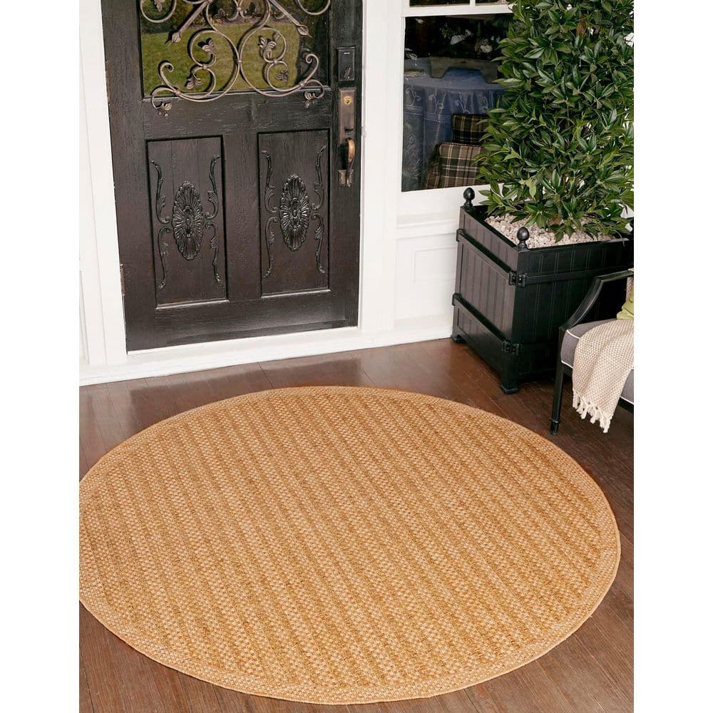 Easy-Care Reversible Stripe Round Outdoor Rug, 6'1", Light Brown