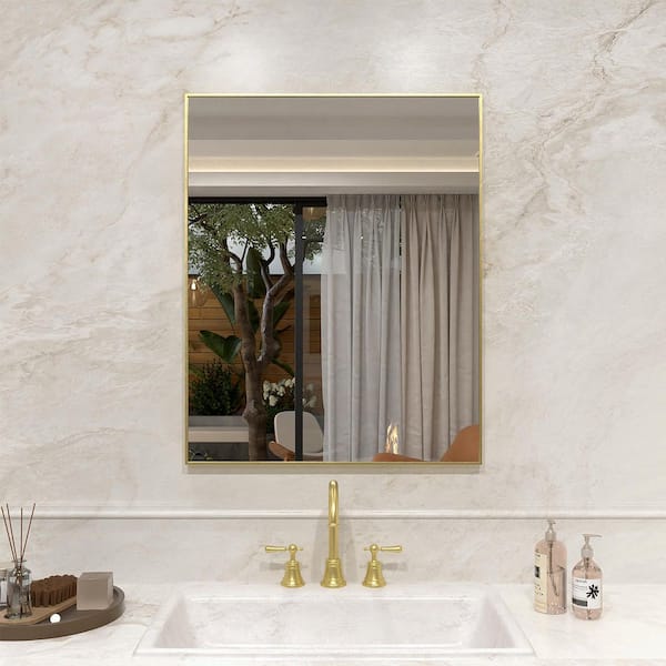 24 in. W x 30 in. H Rectangular Framed Wall Bathroom Vanity Mirror in Brushed Gold