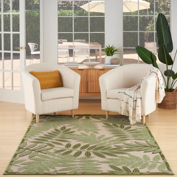 Aloha Ivory Green 6 ft. x 9 ft. Floral Contemporary Indoor/Outdoor Area Rug