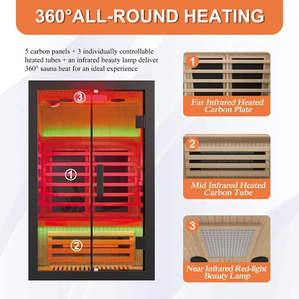 2-Person Indoor Infrared Hemlock Sauna Room with 8-Infrared Carbon Heaters and Beauty Light