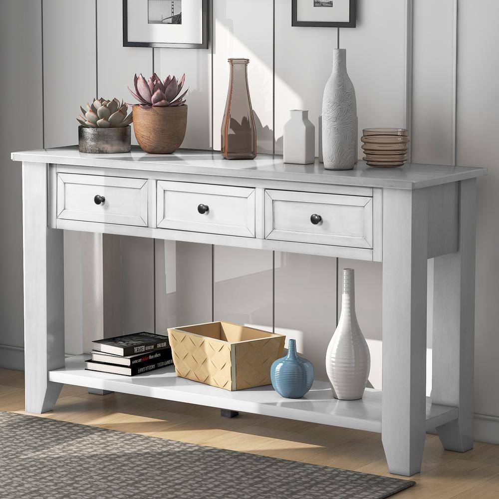 Harper & Bright Designs 55.1 in. Retro White Rectangle Wood Console Table with 3 Drawers and ...