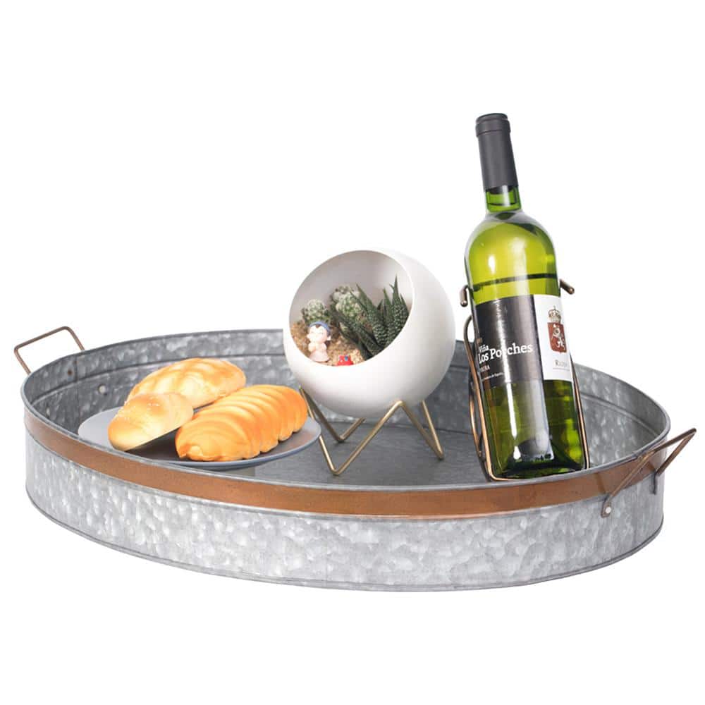 Large Gray Galvanized Metal Oval Rustic Serving Tray with Handles