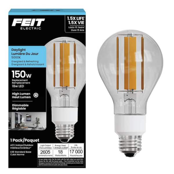 150-Watt Equivalent A21 Dimmable Clear Glass Filament E26 Medium Base LED Light Bulb, Daylight (5000K) (1-Pack)