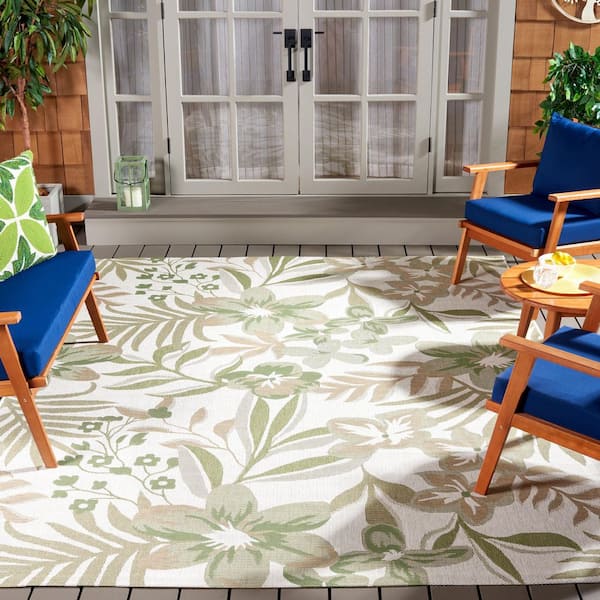 Courtyard Ivory/Green 7 ft. x 7 ft. Botanical Leaves Indoor/Outdoor Square Area Rug