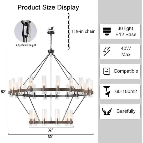 YUEMZS 30-Light Black Wagon Wheel Chandelier – Extra Large 52-Inch Farmhouse Lighting For High Ceilings, Foyer, Dining Room