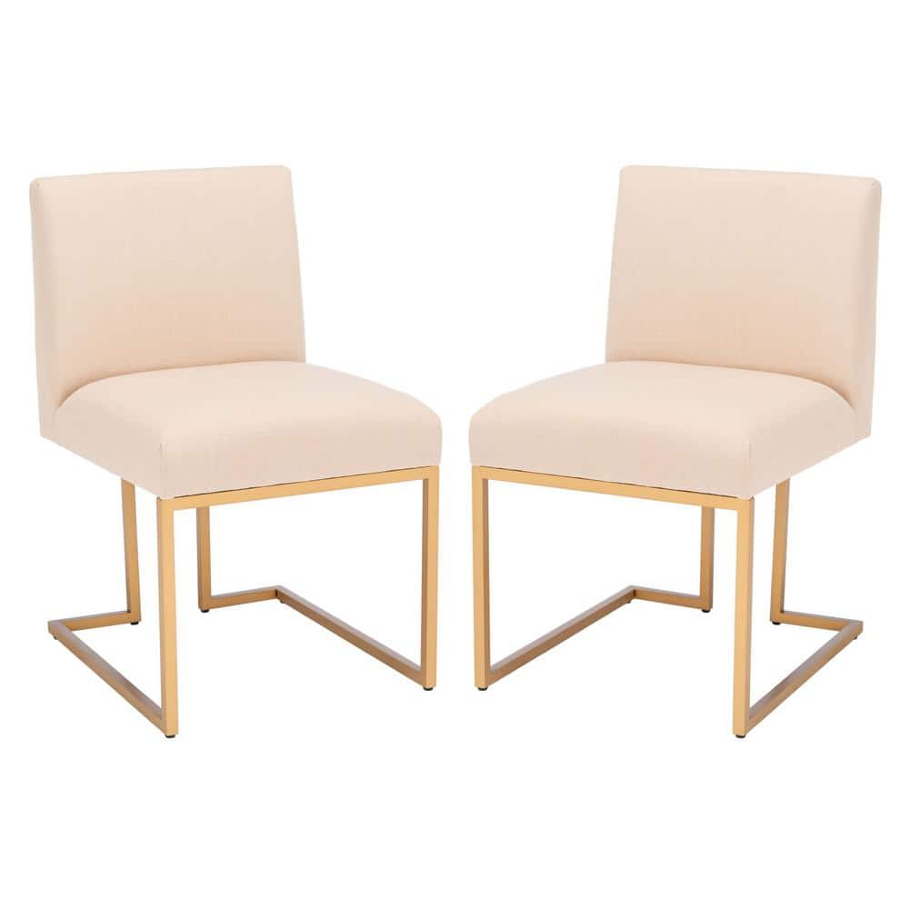 Modern Cosmopolitan Beige Linen & Gold Metal Parsons Side Chair Set