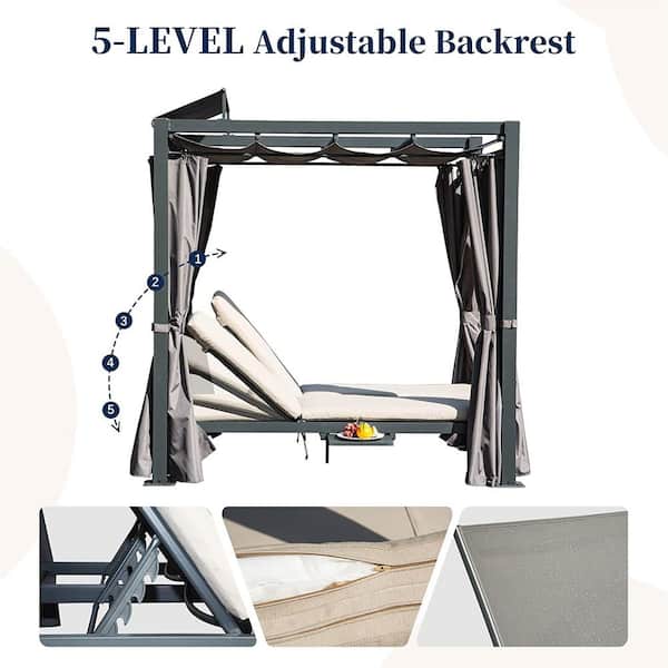 Aluminum Outdoor Patio Day Bed with Retractable Canopy Bed Double Chaise Lounge Outdoor Grey Curtain with Beige Cushion