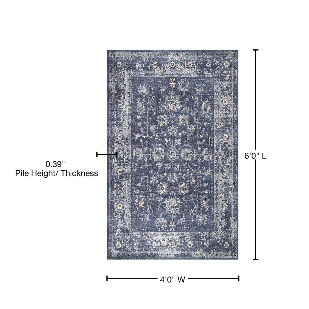 Blue Distressed Floral Synthetic 4' x 6' Area Rug