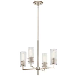 Velestino 20.5 in. 4-Light Polished Nickel Modern Shaded Cylinder Chandelier for Dining Room