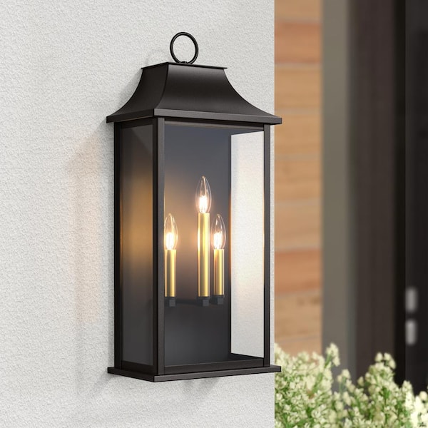 Maxax Decorators 25 in. 3-Light Black Traditional Dusk to Dawn Outdoor Hardwired Wall Lantern Sconce with No Bulbs Included
