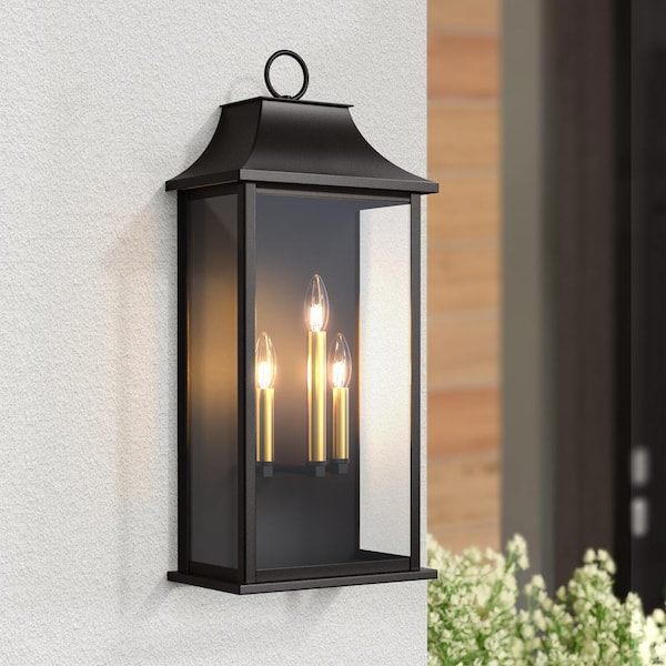 Decorators 25 in. 3-Light Black Traditional Dusk to Dawn Outdoor Hardwired Wall Lantern Sconce with No Bulbs Included