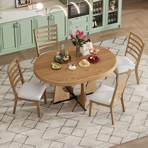 5-Piece Natural MDF Top Extendable Dining Set with 4 Upholstered Chairs and a 16 in. Leaf