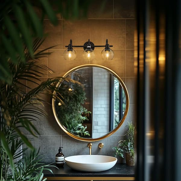 20 in. 3-Light Matte Black Bathroom Vanity Light, Industrial Design with Clear Glass Globe Shades for Vanity, or Mirror
