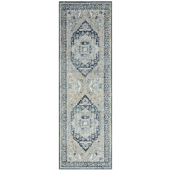 Gene Traditional Medallion Persian Blue Non-Slip Machine Washable