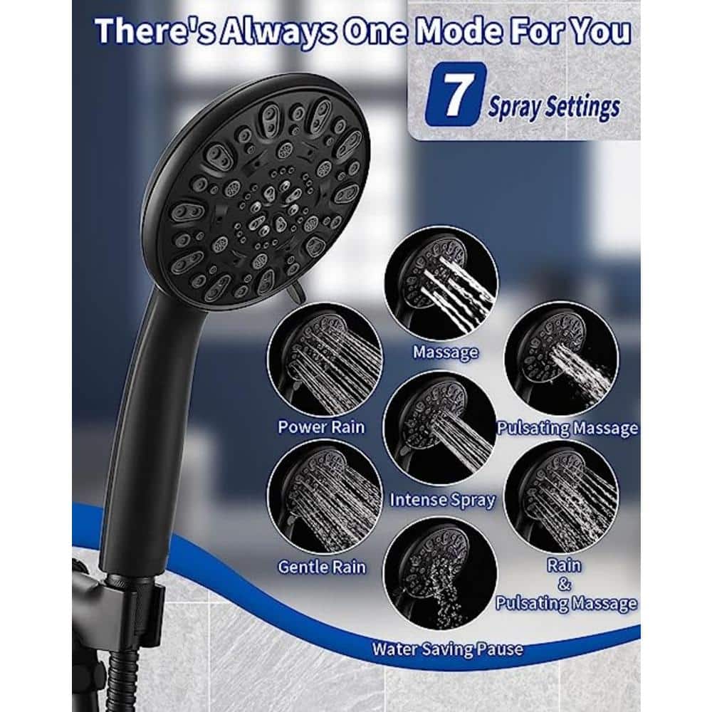 Matte Black 7-Spray Handheld Shower Head with Stainless Steel Hose