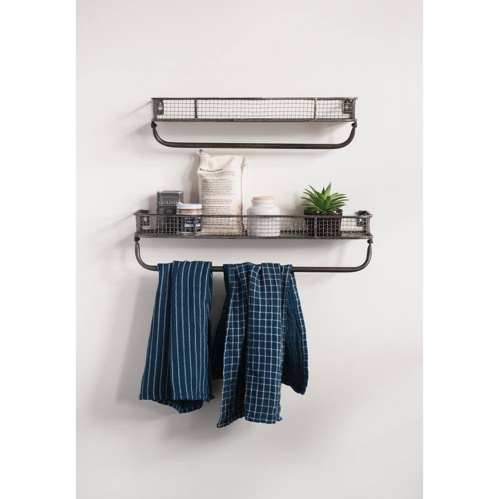 Gray Iron Floating Wall Shelves with Hanging Bar, Set of 2