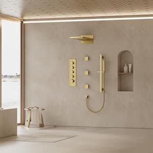 15-Spray 22 in. x 9 in. Wall Mount 2-Functions Fixed and Handheld Shower Head 2.5 GPM with 3-Jets in Bruhsed Gold