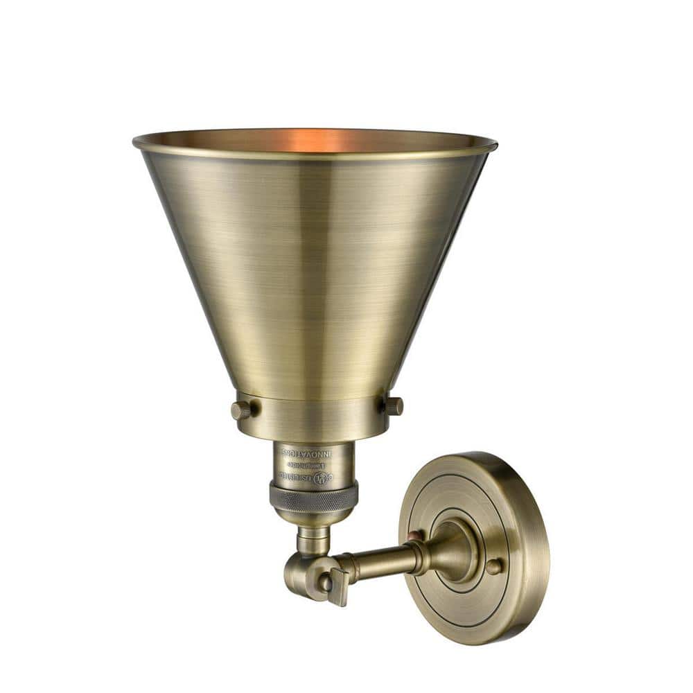 Antique Brass Cone Shade Outdoor Sconce, Dimmable 13" Tall