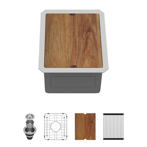 12 in. Undermount Single Bowl 16-Gauge Stainless Steel Brushed Workstation Kitchen Sink Bar Sink with Bottom Grid