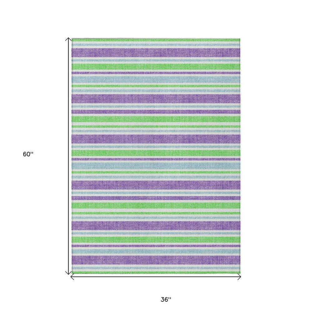 Lime Green and Purple Striped Polyester Outdoor Rug