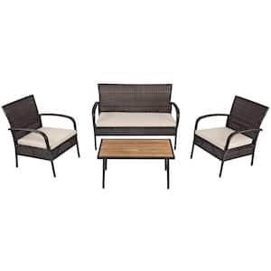 4-Piece Brown Wicker Patio Conversation Set with Square Table and Beige Cushions