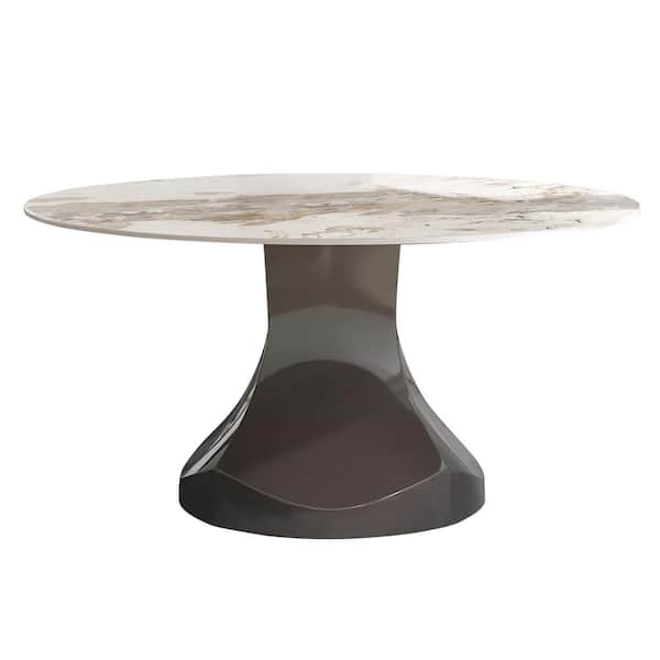 Lesly Modern Round Pandora Colour Pandora Stone TableTop 53.15 in.Gunmetal Grey Stainless Steel Pedestal Dining Table(4 Seats)