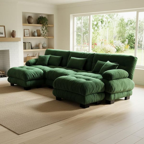 MINH 133.8 in. Pillow Arm 5-Piece Chenille Sectional Sofa with Ultra-Soft Seat and 2 Movable Ottomans in Emerald Green