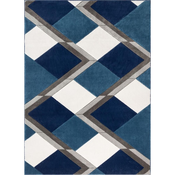 Well Woven Good Vibes Nora Blue Modern Geometric Stripes and Boxes 3 ft. 11 in. x 5 ft. 3 in. Area Rug